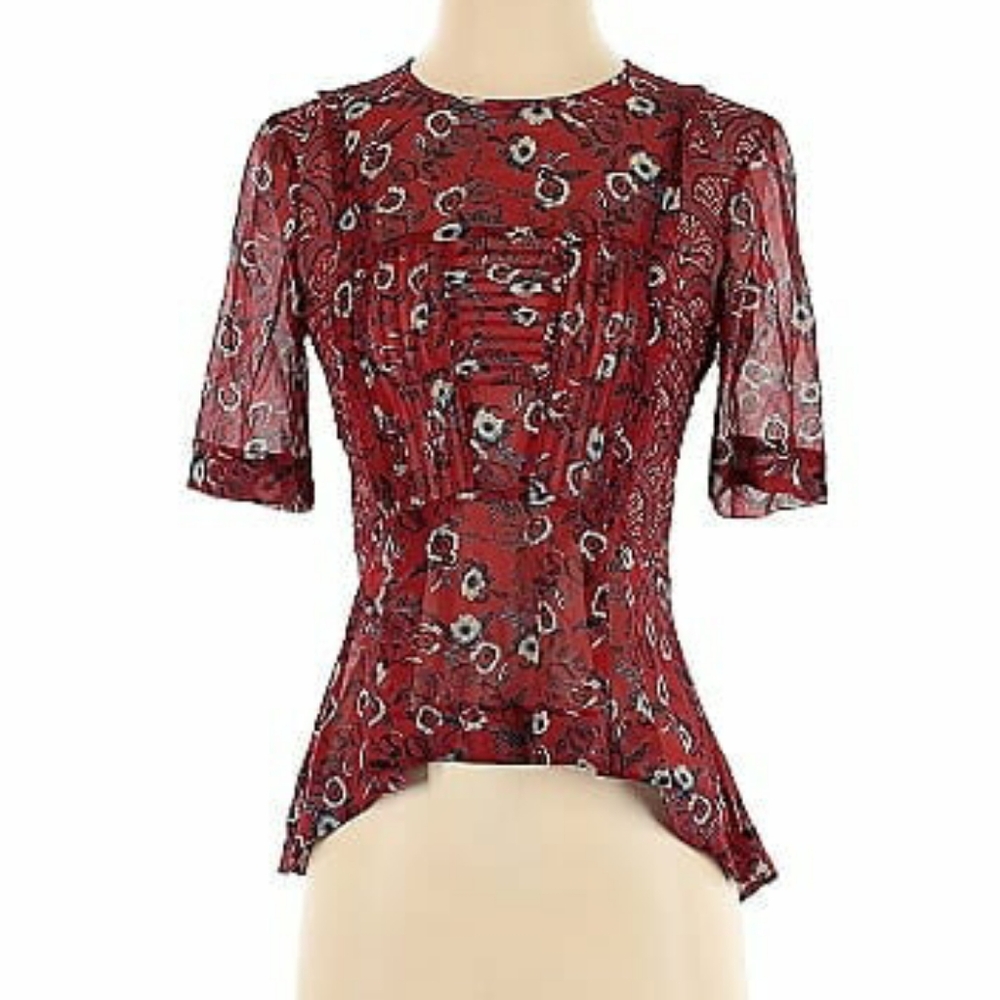 NWOT Veronica Beard Short sleeve sheer floral silk blouse with a hi-low …